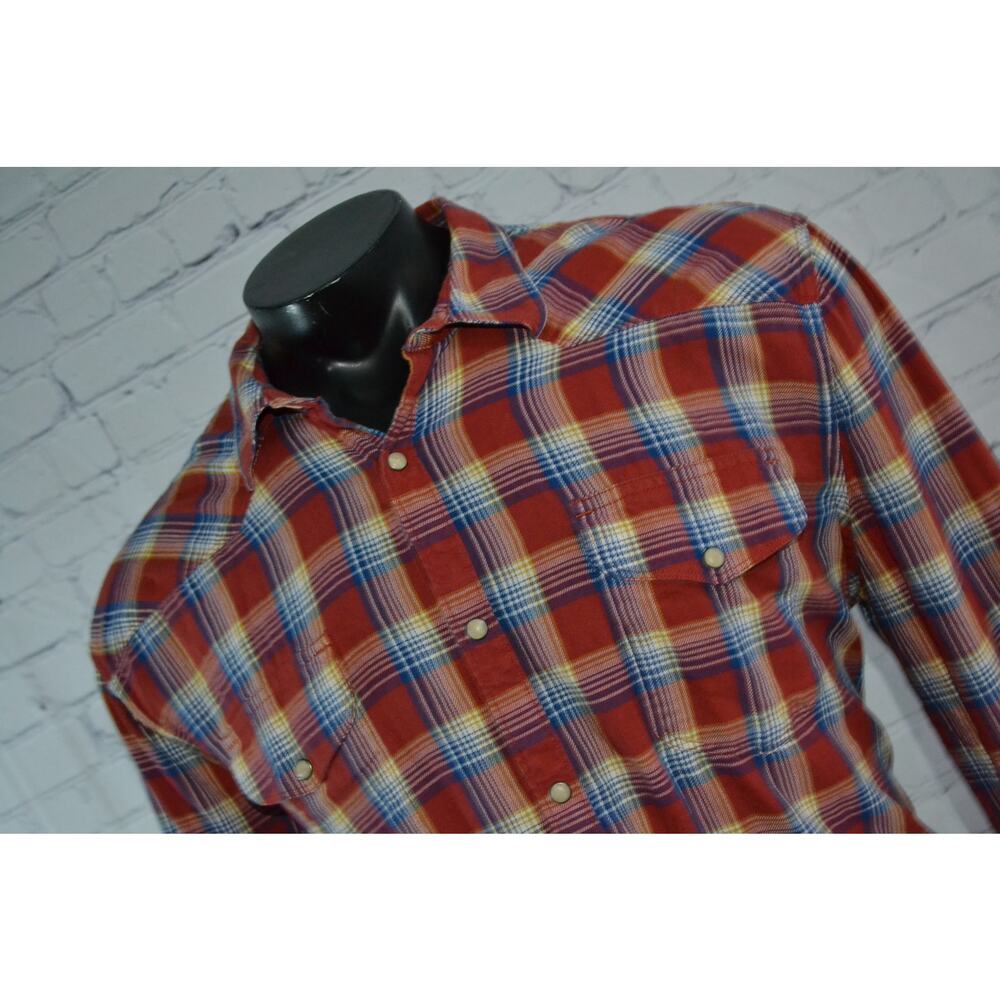 Lucky Brand Jeans Western Shirt Mens Size 2XL Pearl Button Snaps Orange Blue